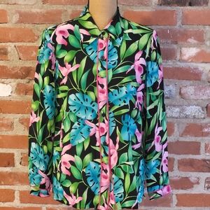 Black Tropical Floral Button-Up Blouse